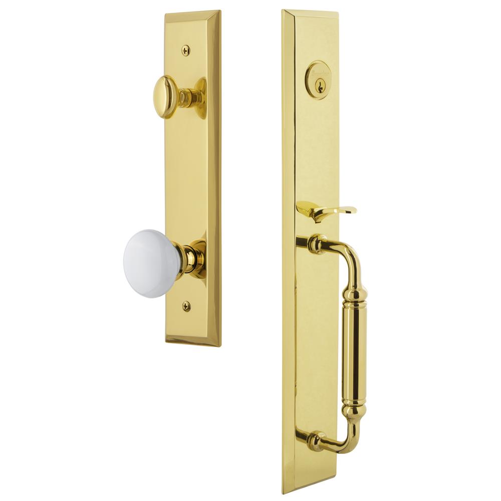 Grandeur by Nostalgic Warehouse FAVCGRHYD Fifth Avenue One-Piece Handleset with C Grip and Hyde Park Knob in Lifetime Brass